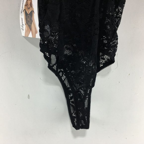 Elegant Moments Off the Shoulder Deep V Lace Bodysuit, Women's Size 2X - Black - Picture 12 of 12